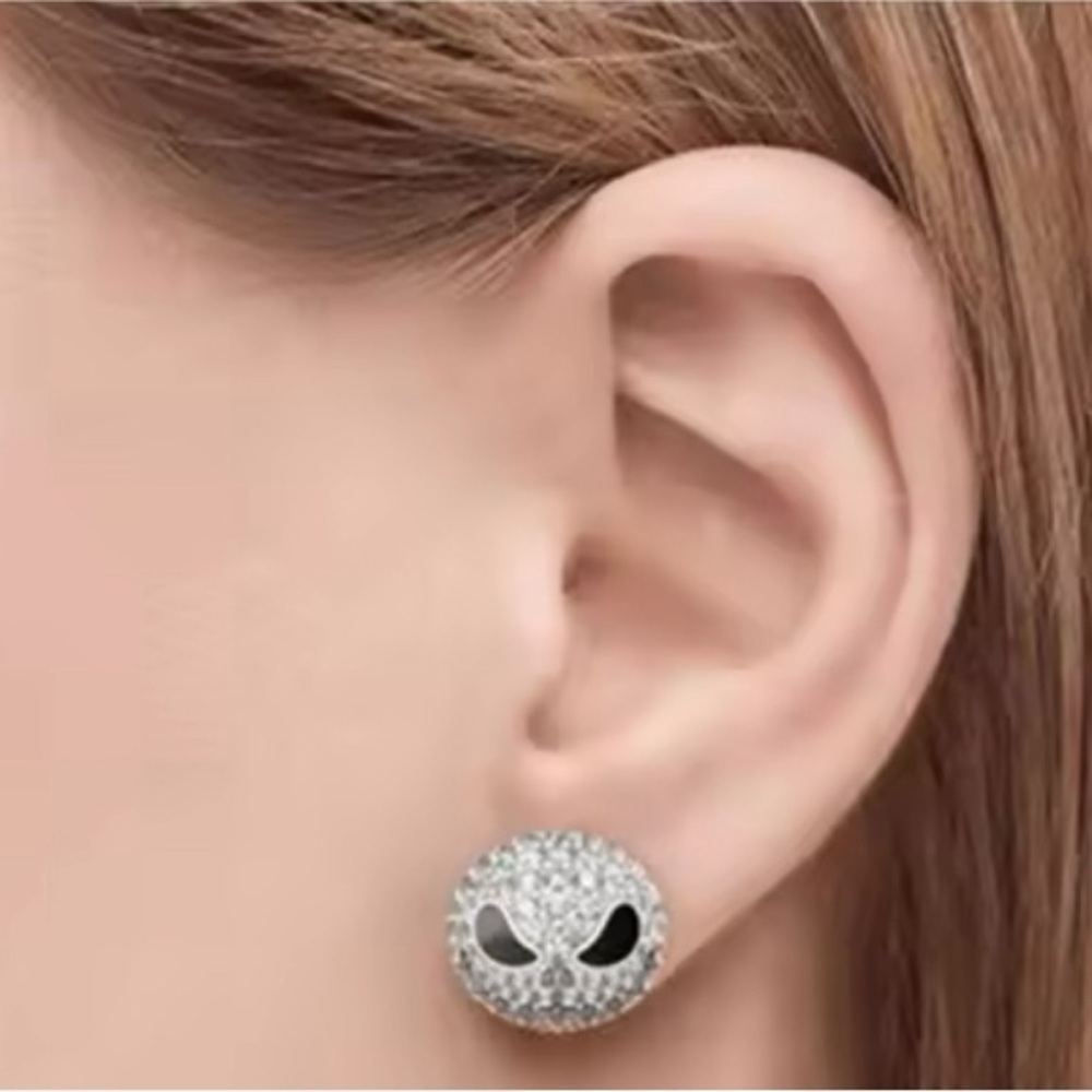 Silver Iced Out Nightmare Before Christmas Jack Skellington Stud Earrings - Picture 4 of 6